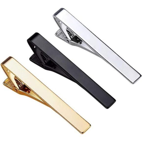 Mens Tie Clip Set 3 Pack Silver Gold Black Metal Bar Clasp Formal Necktie - Picture 1 of 7